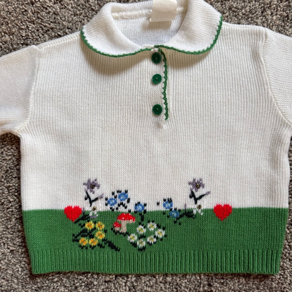 Vintage Girls 18 Months Collared Sweater With Flowers Mushrooms And Hearts